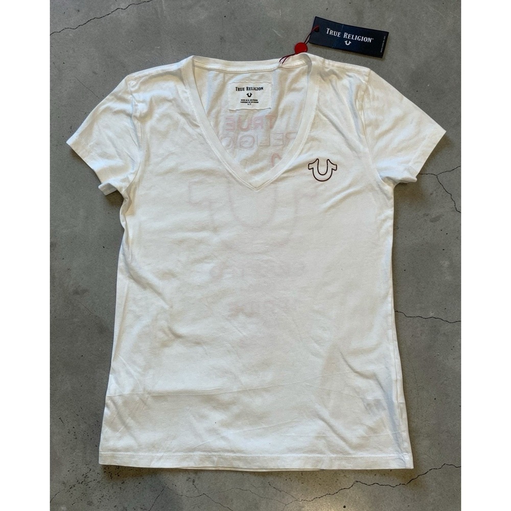 TRUE RELIGION Women's White Small Crystal Horseshoe Logo V-Neck Tee NWT